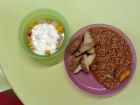 Beef chilli con carne and potato wedges<br />Fruit cocktail and natural yoghurt